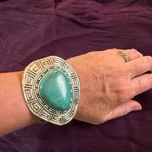 Large Silvertone Cuff Bracelet with Faux Turquoise